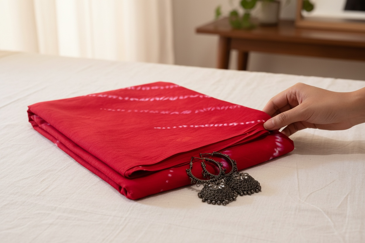 Hand Block Print Tie and Dye Saree - Red